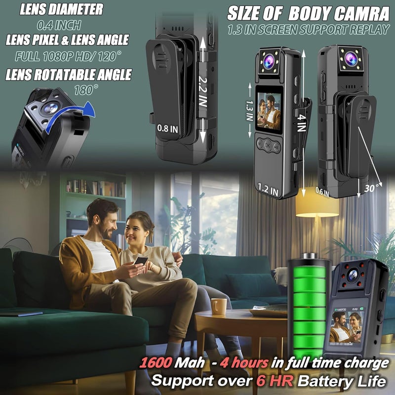 Mingkeda Body Camera with Audio and Video Recording, HD 1080P Body Cam with 180° Rotating Lens, IR Cut Auto Night Vision, 6HR Battery, 128GB Body Worn Camcorder Personal Police (128G HD 1080P) - Image 2